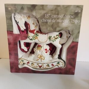 Christmas Rocking Horse White Ceramic Hand Painted Holly Berry New In Box